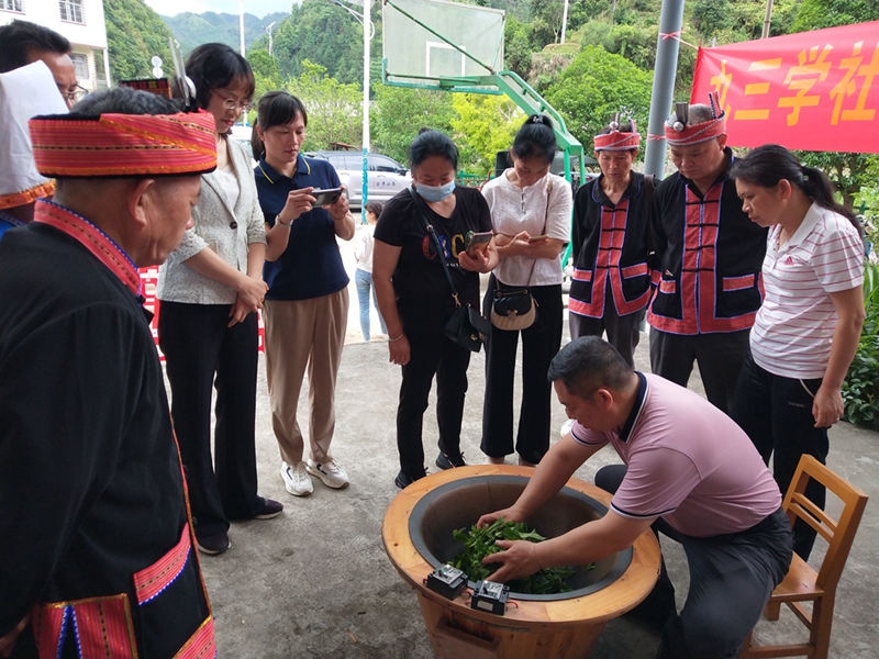 图为广西金秀县瑶山王茶业有限公司总经理、九三学社来宾市社员莫宇宁在向群众演示茶叶制作过程.jpg